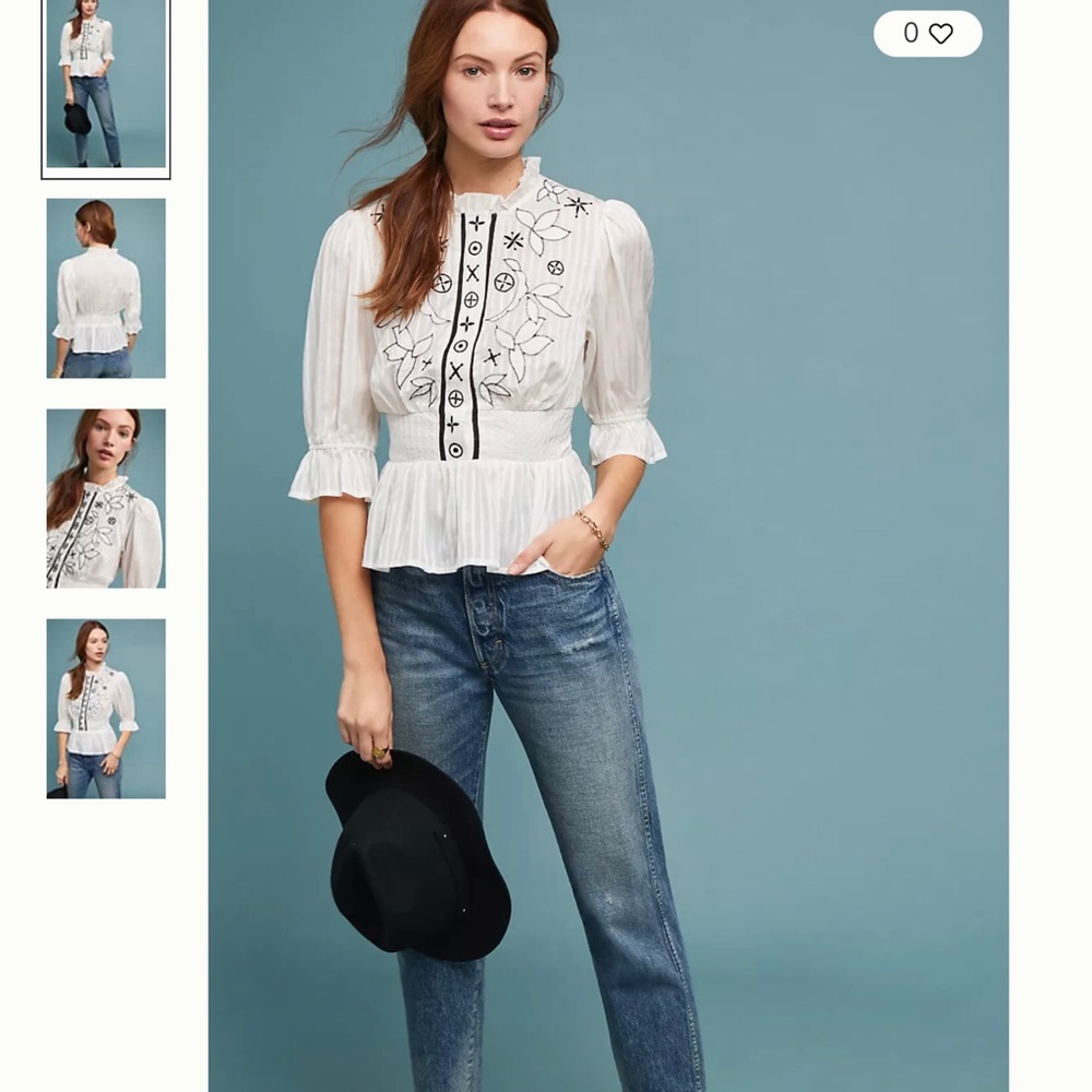 Anthropologie Meadow Rue Meila Embroidered Peasant Peplum Blouse Top Size 0